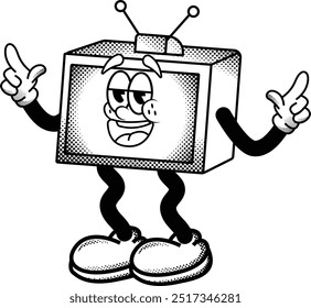 black and white vintage television mascot illustration, retro illustration with funny pose, for sticker or shirt illustration.