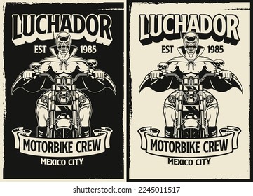 Schwarz-Weiß-T-Shirt-Design von Luchador Motorradfahrern