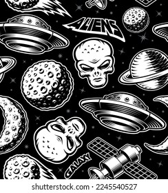Black and white vintage UFO seamless background with design elements such as flying saucer, alien, planets, space satellite 
