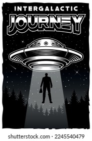 Black and white vintage UFO themed poster with flying saucer illustration. This design can be used as a t-shirt print as well