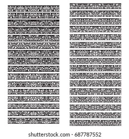 Black white vintage vector brushes big set. Borders templates kit for frames design and page decorations.