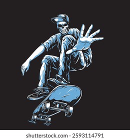 A black and white vintage vector illustration of a skull performing an ollie on a skateboard. Perfect for t-shirt designs, posters, tattoos, and street wear branding with a retro, edgy aesthetic.