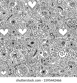 black and white vintage vector image background pattern with hearts and flowers valentine's day wedding 