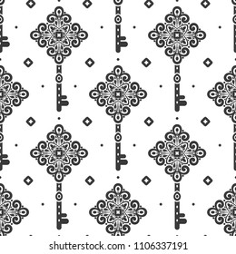 Black and white vintage vector seamless pattern with keys, wallpaper. Elegant classic texture. Luxury ornament. Traditional,Turkish, Indian motifs. Great for fabric and textile, wallpaper, packaging.