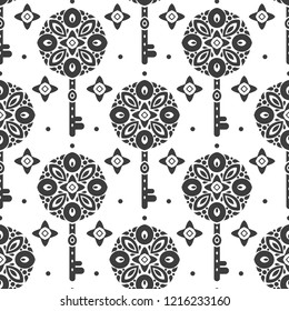 Black and white vintage vector seamless pattern with keys, wallpaper. Elegant classic texture. Luxury ornament. Traditional,Turkish, Indian motifs. Great for fabric and textile, wallpaper, packaging.