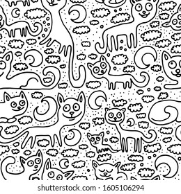 black and white vintage vector seamless pattern with cats and moon 