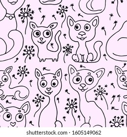 black and white vintage vector seamless pattern with cats animals 