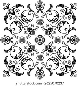 Black and white vintage vector seamless pattern, Damask floral motif tile pattern, Luxury tile isolated element illustration