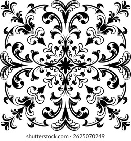 Patrón sin fisuras de Vector vintage blanco y negro, patrón de azulejo de motivo floral de damasco, ilustración de elemento aislado de azulejo de lujo