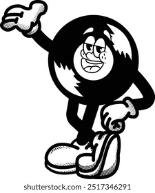 black and white vintage vinyl record mascot illustration, retro illustration with funny pose, for sticker or shirt illustration.