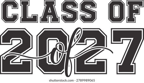 Black and white vintage-style graphic featuring 'Class of 2027' with a quill and ink, perfect for senior graduation announcements.