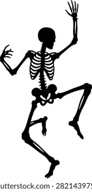 A black and white vintage-style illustration of a dancing human skeleton. Ideal for Halloween decorations, gothic art, and creative graphic design projects.