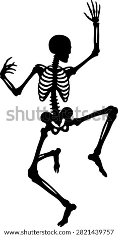 A black and white vintage-style illustration of a dancing human skeleton. Ideal for Halloween decorations, gothic art, and creative graphic design projects.