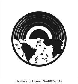 Black and white vinyl record icon with music notes and world map silhouette, representing global music and vintage style. Ideal for music events, DJ logos, or world music day design elements.