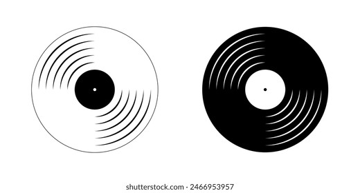 Black and white vinyl record plates icons. Turntable LP or long play music discs. DJ equipment for techno party. 70s 80s 90s discotheque nostalgia concept. Vector graphic illustration.