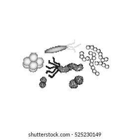Black and white viruses and bacteria. Vector illustration on isolated background.