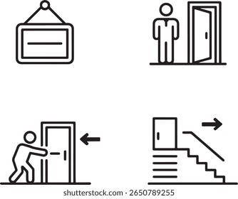 Black and White Visuals Depicting Signs for Doors, Entering and Exiting with Stairs, Minimalist and Modern Line Art