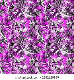 Black, white and viva magenta colors tropical seamless print for fashion textile and wallpaper with coconut and fan-leaved palm leaves