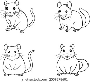 Black and White  Vole rodent Line Art Illustration Set