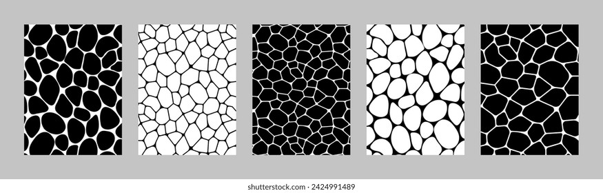 Black and white voronoi backgrounds vector set. Irregular geometric cells backdrops. Stones template covers collection for web tiles and brochures, science cards and interior designs.