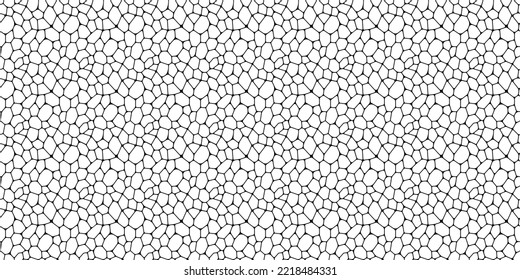 Conjunto vectorial de patrones sin fisuras en blanco y negro voronoi. Formas irregulares que repiten fondo para tejas web, ciencia y diseños de interiores. fondo de la plantilla de celdas poligonales de línea