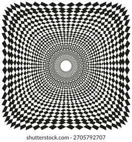 Vórtice blanco y negro. Vector de cuadrados concéntricos. Patrón geométrico óptico. Fondo a cuadros radial.