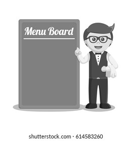 black and white waiters standing beside big menu board black and white style