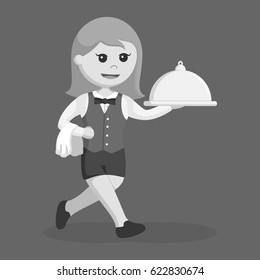 black and white waitress with platter and running black and white style