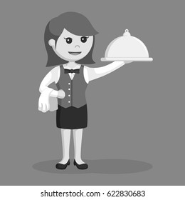 black and white waitress with platter black and white style