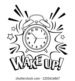 Black and white wake up clock. Vector cartoon alarm clock isolated on white background