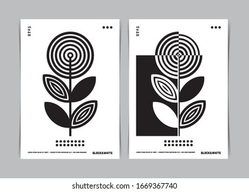 Black And White Wall Art Poster Template With Geometric Flower Background. Vector illustration.