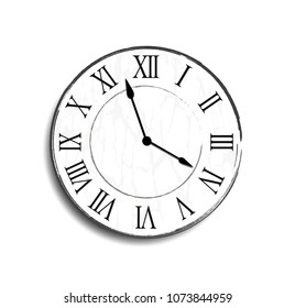 Black and White Wall Clock with Aged Face and Roman Numerals at a bit before 4:00 o'clock