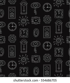 Black and white wall clock doodles hand drawn cute cartoon seamless vector pattern