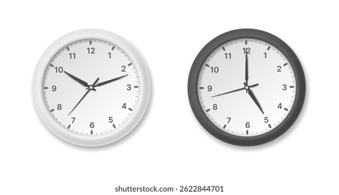 Black and white wall clock with hands isolated on light background. Vector 3d illustration.