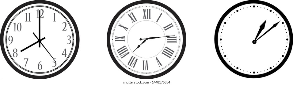 Black and white wall office clock icon set. Clock with arabic, roman numerals and dots