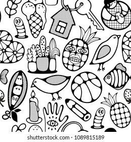 Black and white wallpaper for coloring book. Creative page with monsters, fruits and animals.