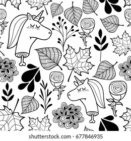 Black and white wallpaper with dead unicorns for coloring. Endless pattern in vector. 