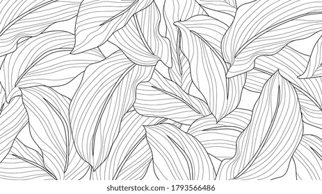 Black and white wallpaper design with leaf. Leaves line arts background design for fabric, prints and background texture, Vector illustration.