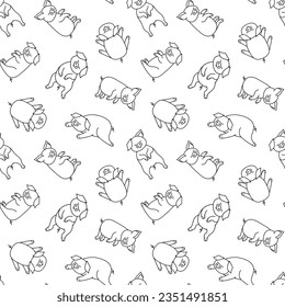 Black and white wallpaper with outline sleeping pigs in different poses. Vector seamless repeat pattern of cute piglets