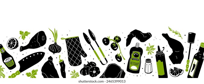 Black and white wallpaper with a set of barbecue items. Elements for graphic design of packaging or advertising for summer sale in a grocery store or cafe. Vector illustration isolated on transparent 