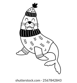 Black and white walrus clipart. Cute Arctic animal doodle. Hand draw vector illustration in flat style