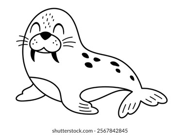 Black and white walrus clipart. Cute Arctic animal doodle. Hand draw vector illustration in flat style