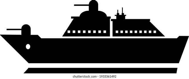 Black And White War Ship Icon - A Ship Equipped With Weapons And Designed To Take Part In Warfare At Sea, Vector, Illustration