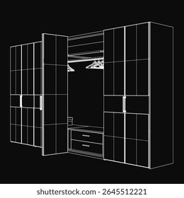 Planta de guarda-roupa preto e branco com gavetas detalhadas, cabides e compartimentos de armazenamento, apresentando design de armário funcional. O desenho técnico destaca medidas precisas e layout
