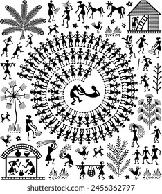 black and white warli vector design.