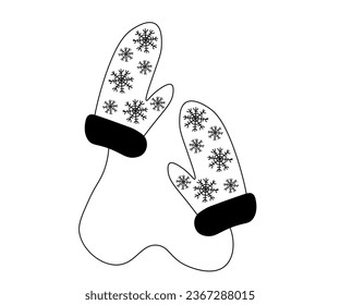 black and white warm gloves,mittens isolated on a white background. Doodle, one line