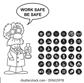 Black and white warning hazard security office finance and entertainment related icon collection isolated on white background with work safe be safe message