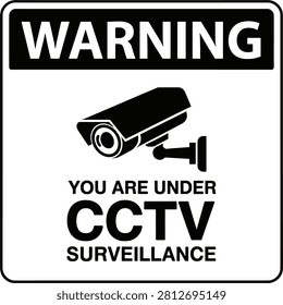 Black and white warning sign with cctv camera and surveillance text security de