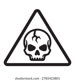 A black and white warning sign featuring a skull with a crack on a white background