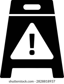 Black and white warning sign icon vector symbol. Caution alert triangle with exclamation mark on safety barricade for hazard.